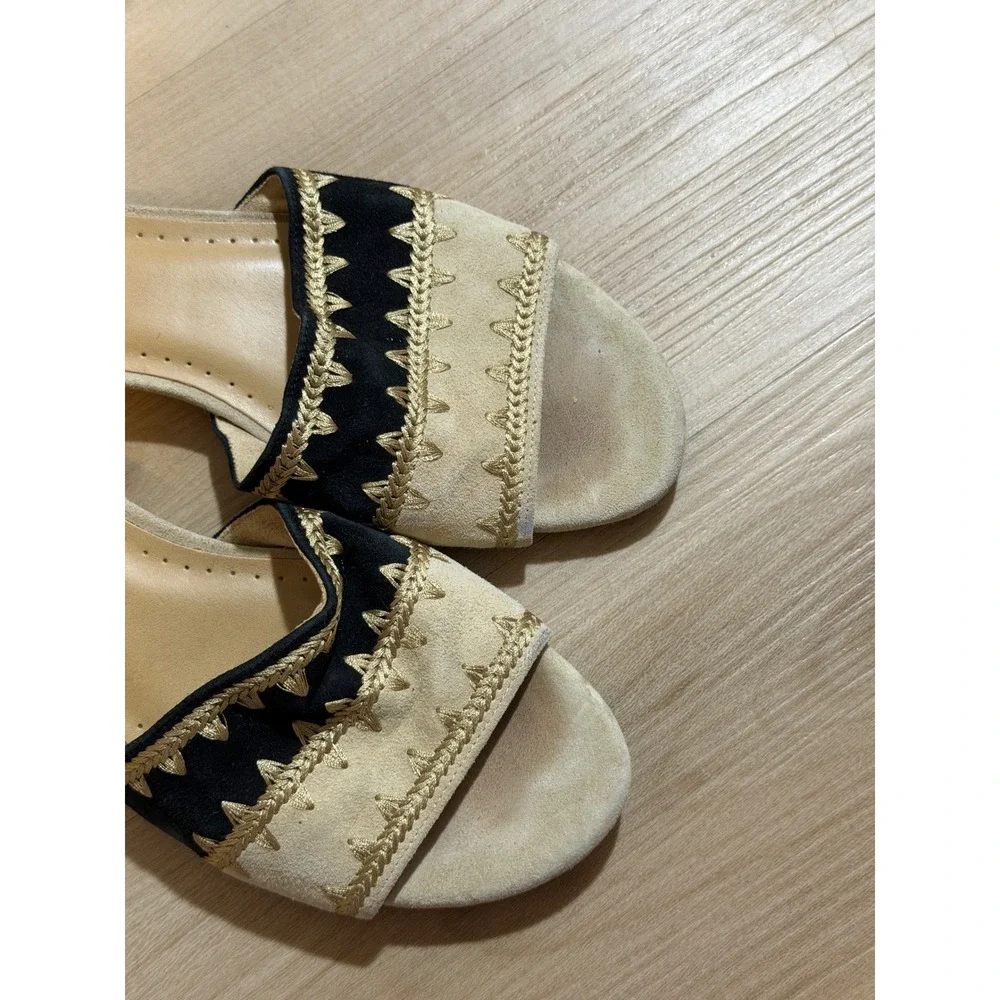Vaneli Slides Tan Black 7.5 M Women Embroidered Suede Flat Sandals